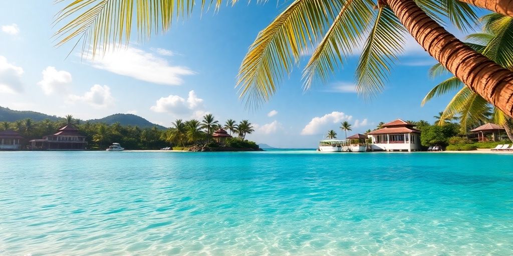 Lamai beach with palm trees and luxury villas.