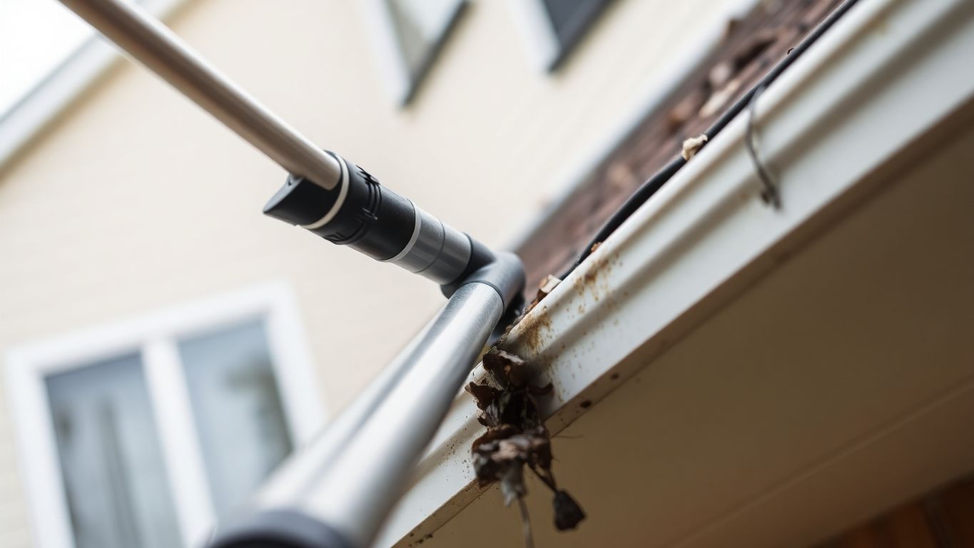Long vacuum pole cleaning gutter from ground.