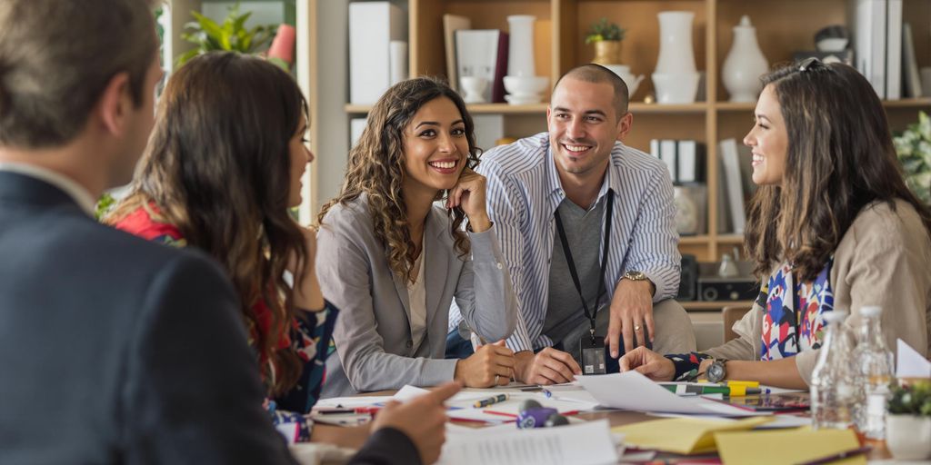 Diverse translators collaborating in a professional environment.