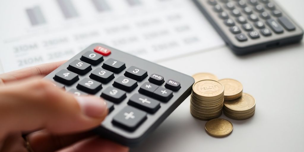 Main d'homme tenant une calculatrice et des pièces.