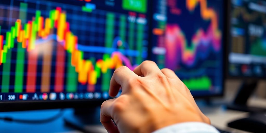 Trader's hand on a mouse with market visuals in background.