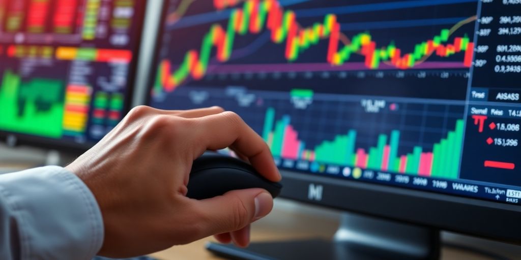 Trader's hands working on a computer with vibrant charts.