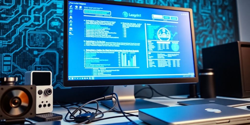 Cybersecurity data on a computer screen with tech gadgets.