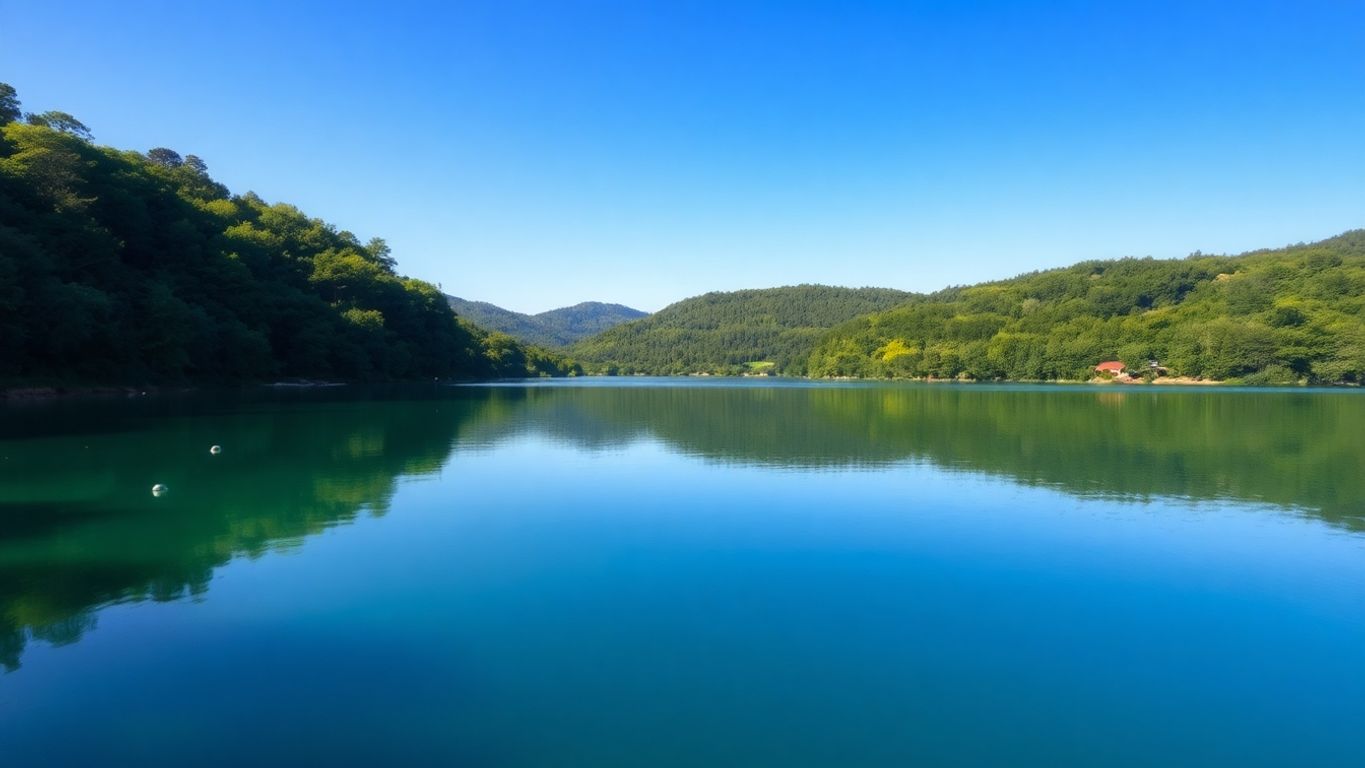 Lago tranquilo rodeado por vegetação exuberante.