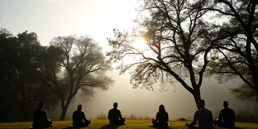 Silhouettes meditating in a tranquil natural setting.
