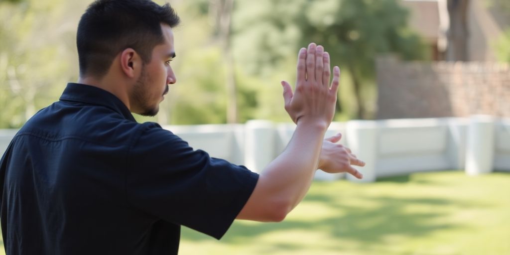 Person practicing self-defense techniques in a safe environment.