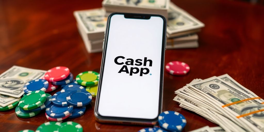 Cash App, smartphone, casino chips, money on table.