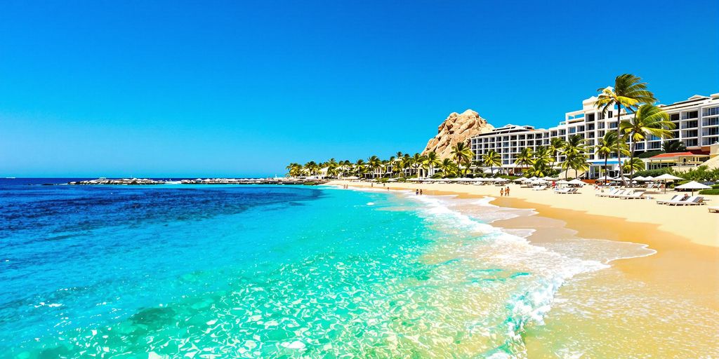 Tropical beach in Cabo with palm trees and loungers.