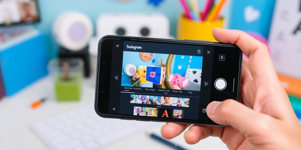 Imagem de smartphone mostrando criação de Reels no Instagram.