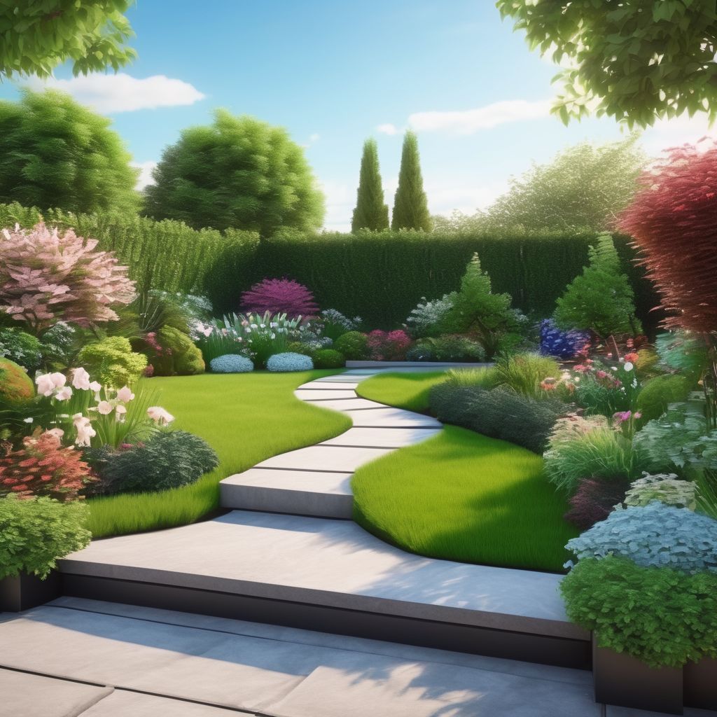 beautiful garden landscape design with maintenance tools