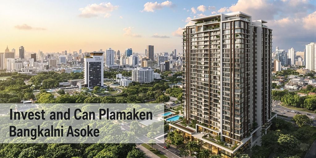 Luxury condo in Asoke, Bangkok with city skyline.