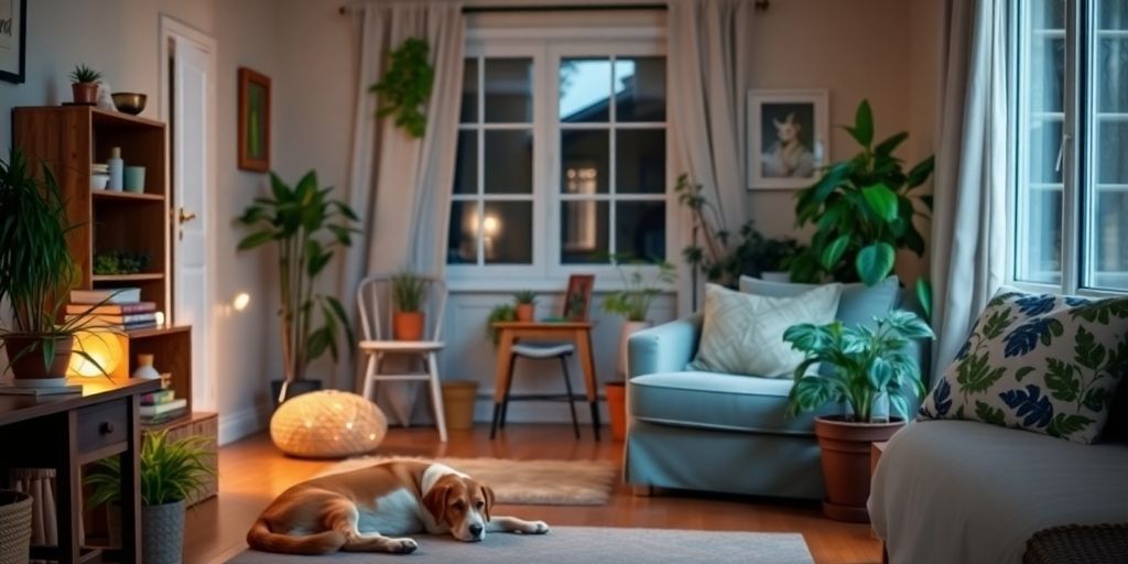 Cozy living room with a pet and houseplants.