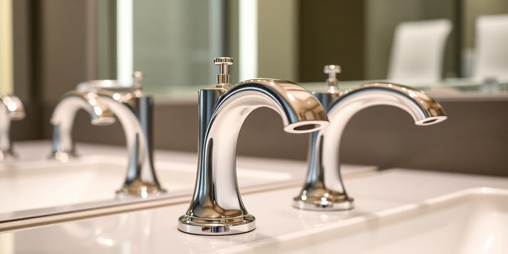 Modern bathroom with sleek designer tap sets.