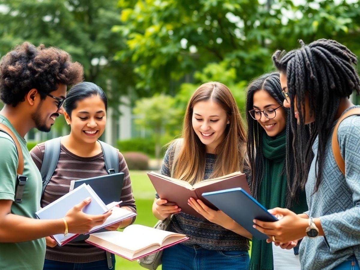 Diverse students studying together on a university campus.