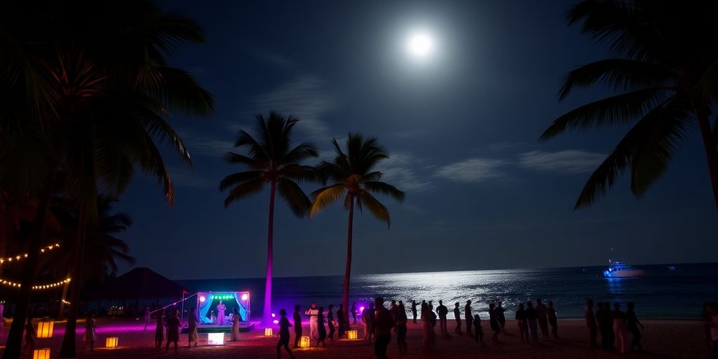 Vibrant beach nightlife with music and dancing