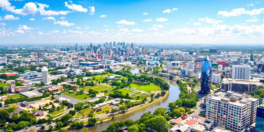Jenks city skyline with river and green spaces.
