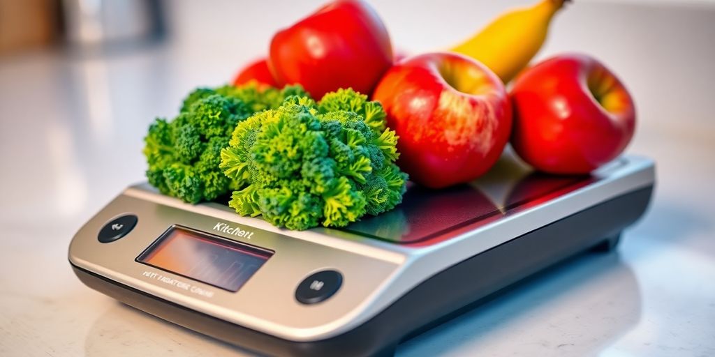 Digital kitchen scale with fruit and vegetables.