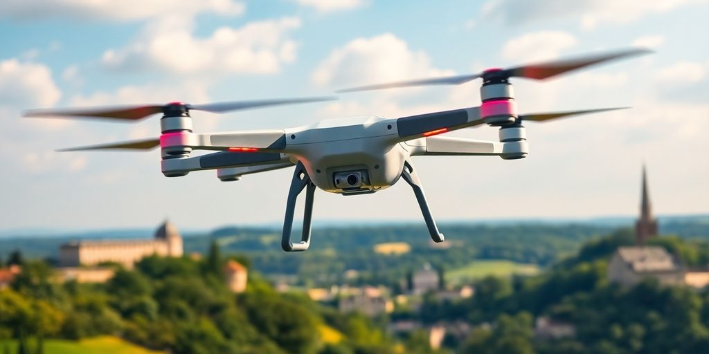 Un drone survolant des paysages français en 2025.