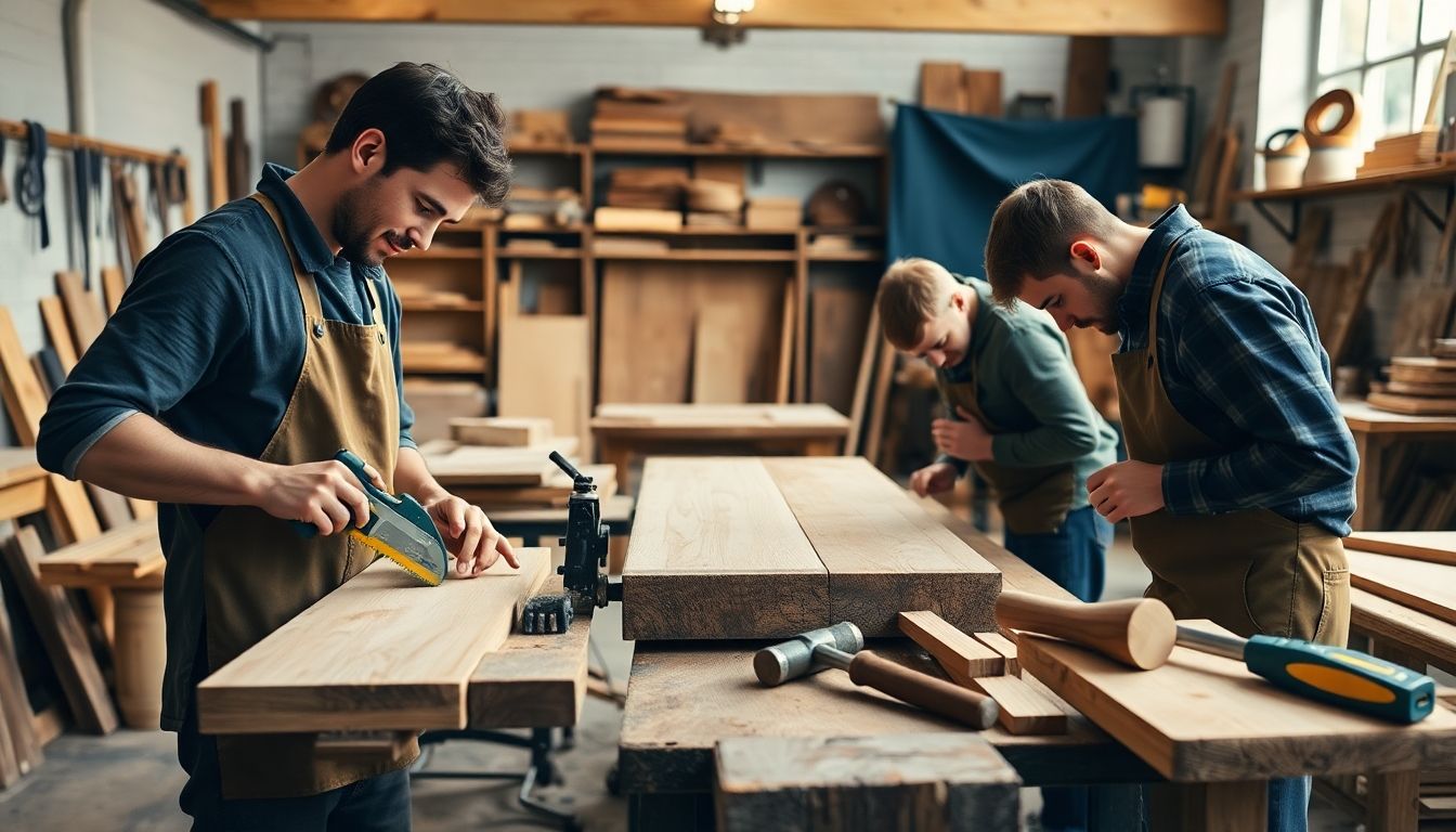 Carpenters crafting custom furniture in a London workshop.