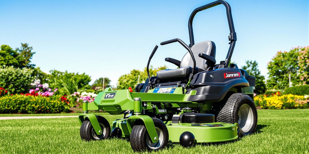 A zero-turn lawn mower on a manicured lawn.