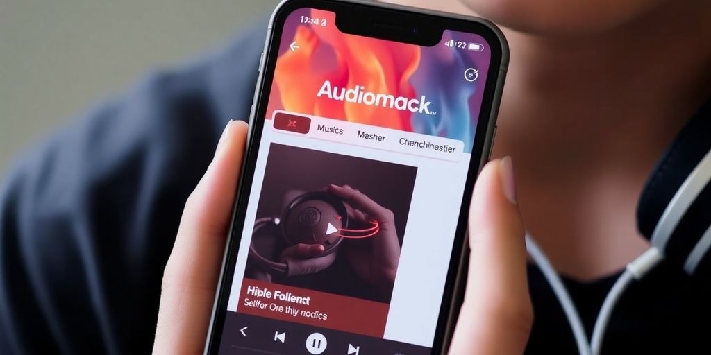 Audiomack app on phone, headphones around neck.