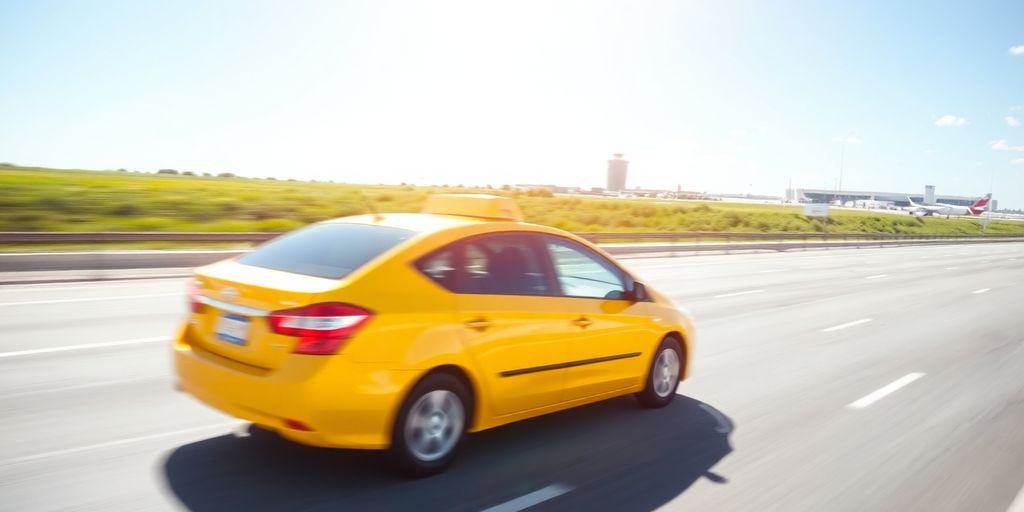 Yellow cab on DFW airport road, modern, clean, sunny.