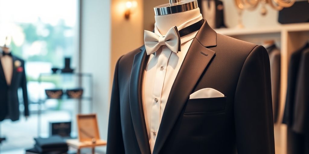 Smoking elegante em exposição em loja de aluguel.