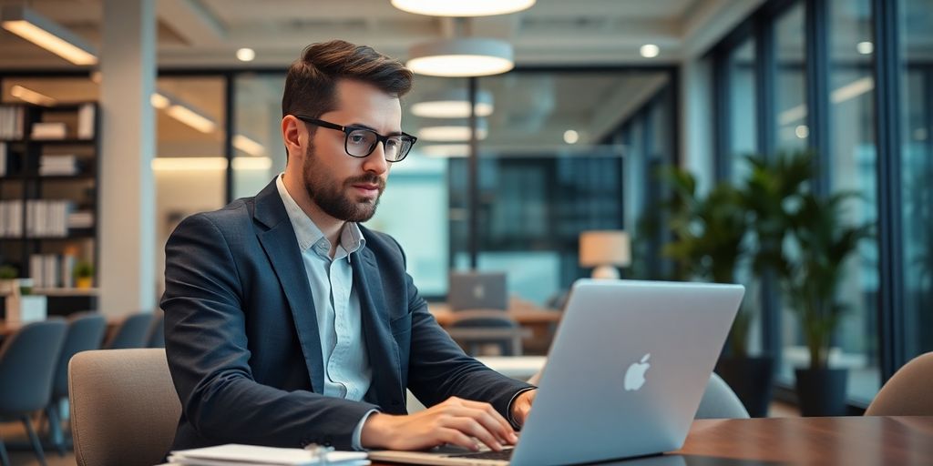 Small business owner looking at a laptop with a positive expression.