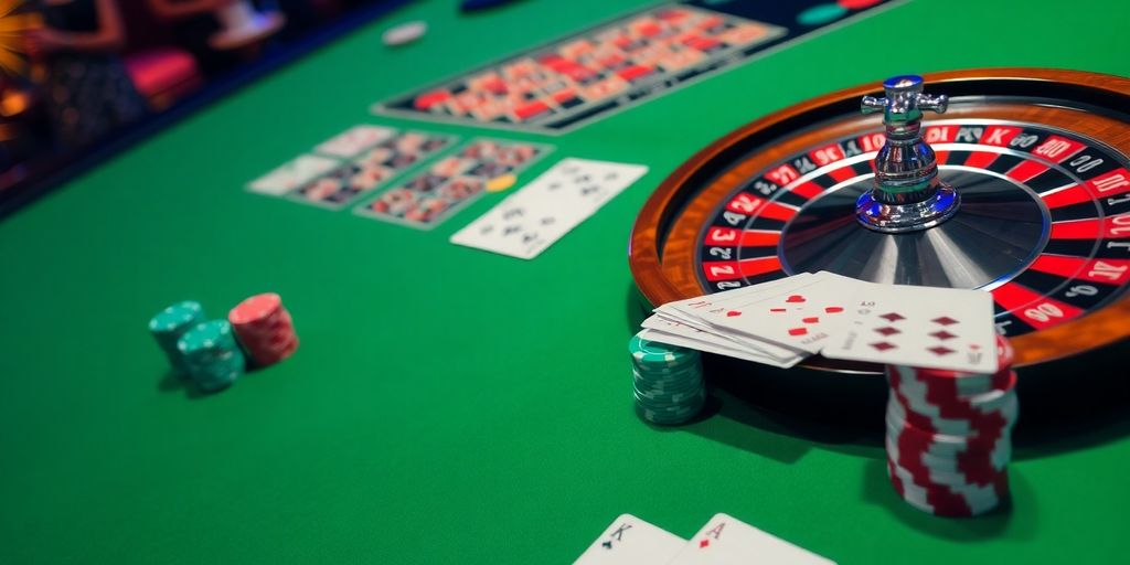 Spinning roulette wheel, playing cards, casino chips on green table.