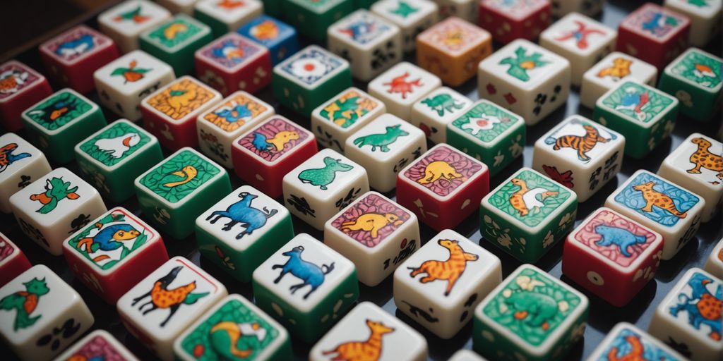 Animal mahjong tiles in a vibrant, artistic layout.