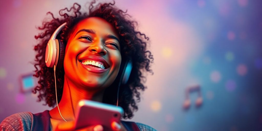 Person enjoying music on a smartphone.