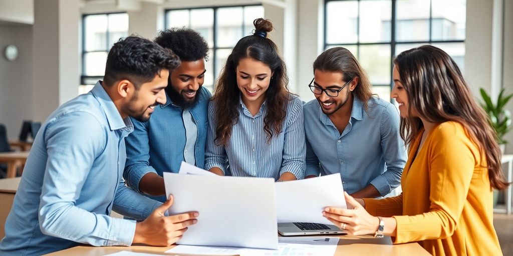 Group of entrepreneurs collaborating in a modern office.