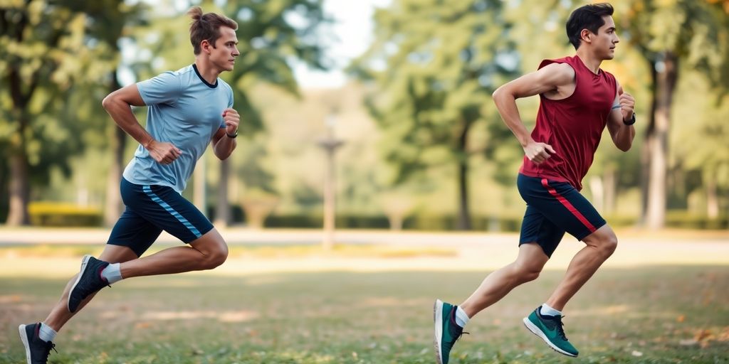 Two runners in different styles on a sunny trail.