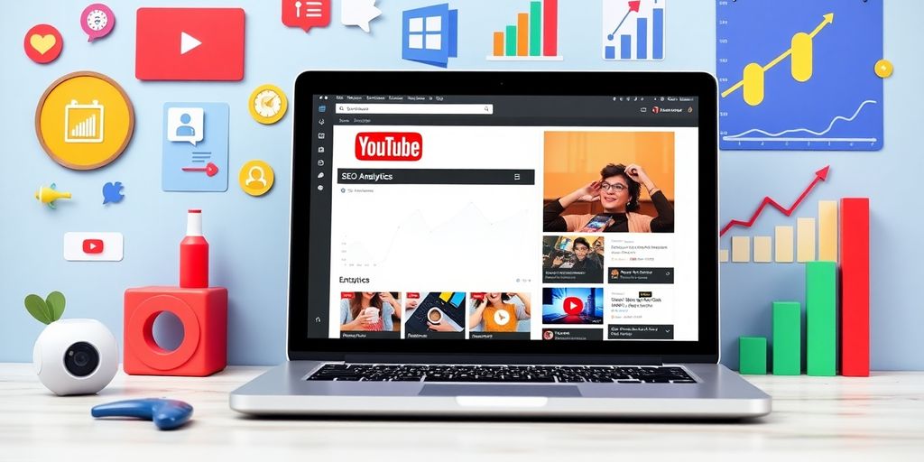 Laptop with SEO analytics and YouTube thumbnails, marketing icons.