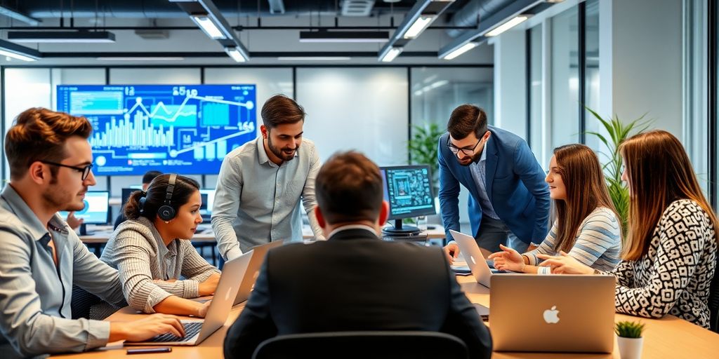 Zaposleni koriste AI tehnologiju u modernom poslovnom okruženju.