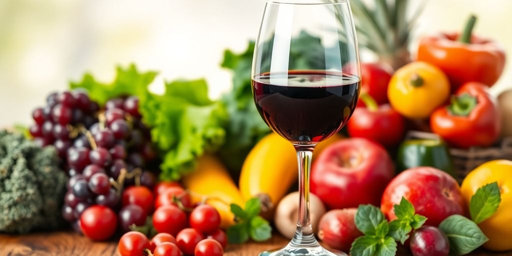 Wine glass beside fresh fruits and vegetables on table.
