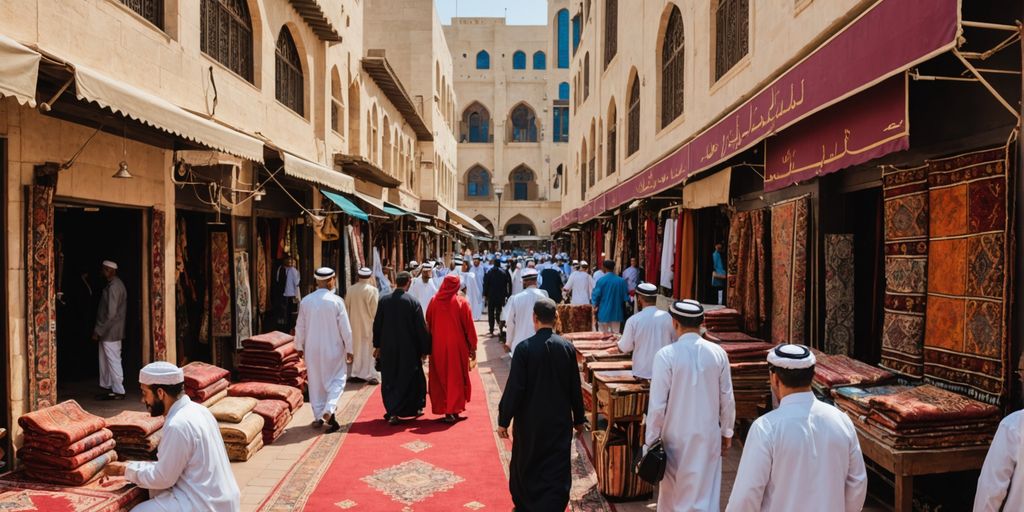 Abu Dhabi Carpet Souk with vibrant carpets and vendors.