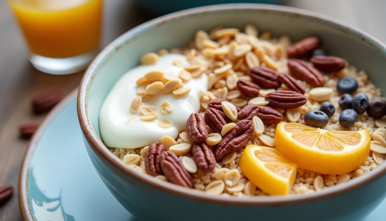 Oats with nuts, seeds, and Greek yogurt in a bowl.