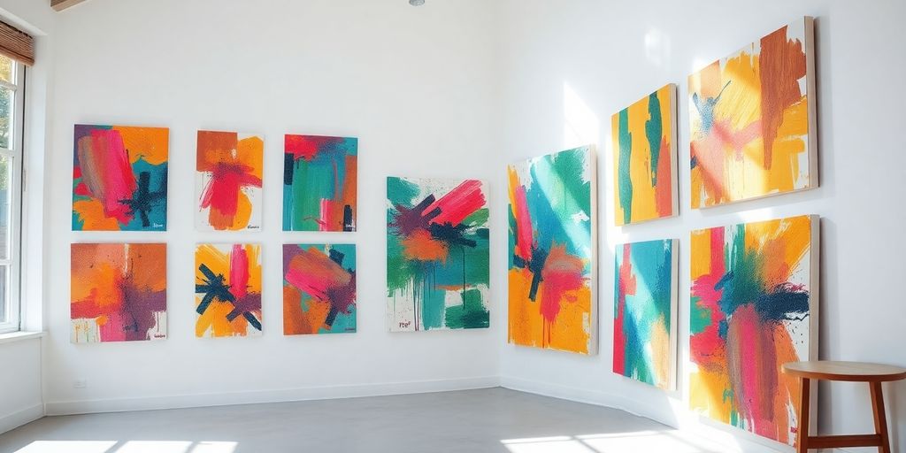Colorful abstract paintings fill a bright art studio.