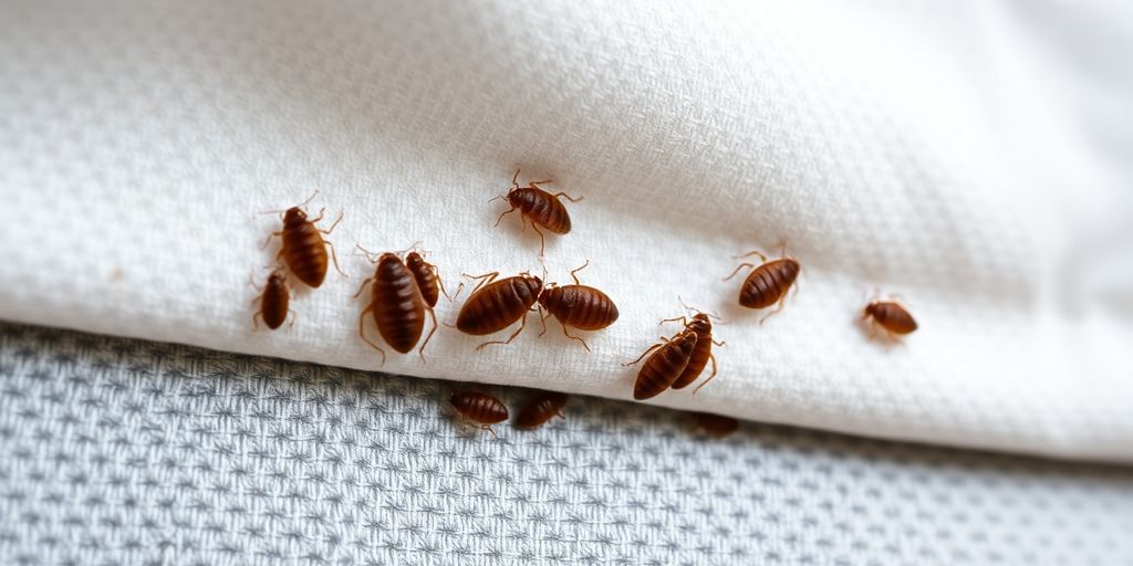 Close-up of bed bugs on a mattress seam.