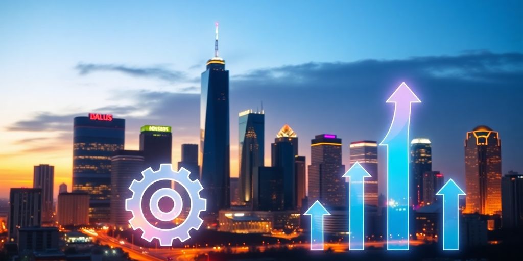 Dallas skyline with bright digital marketing icons.