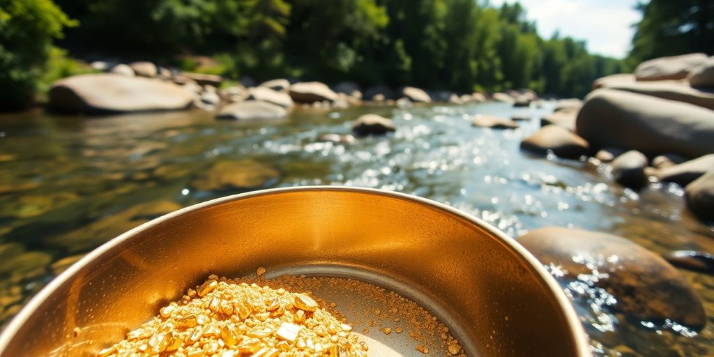 Gold pan with flakes, river, and green trees.
