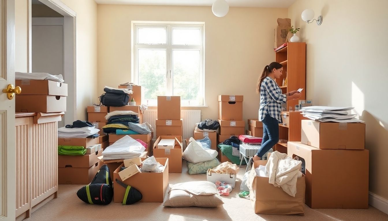 Tidy room with boxes during house clearance process.