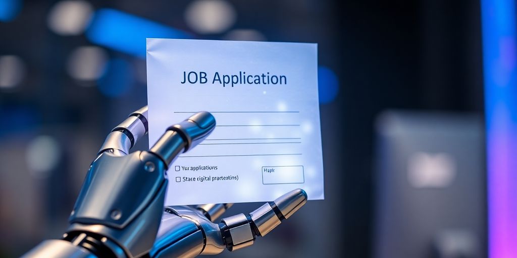 Robot hand holds glowing job application.