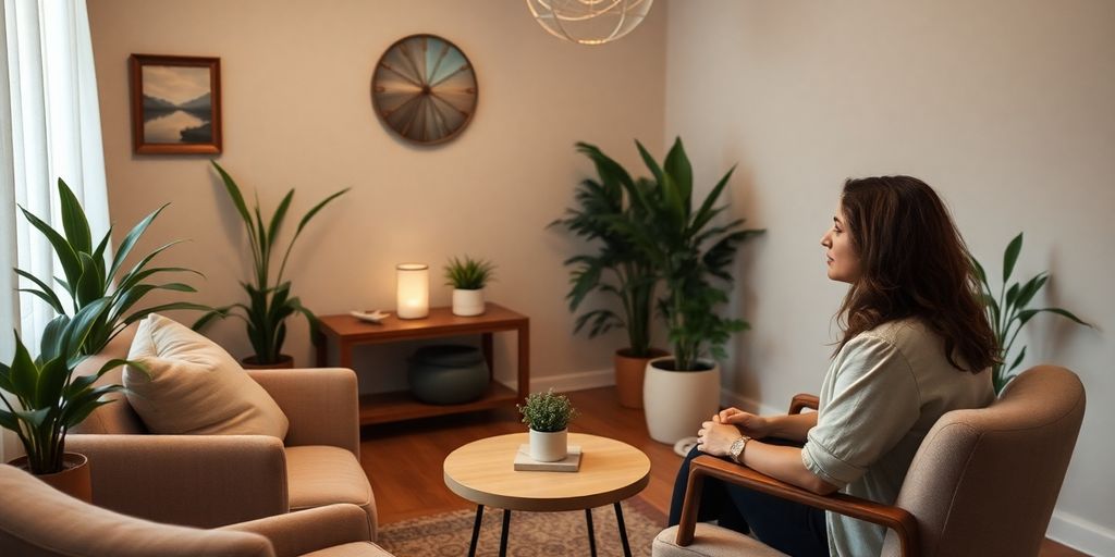 A cozy therapy room with a therapist and client.