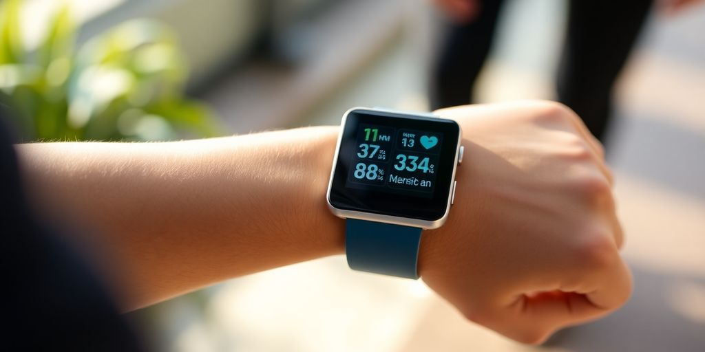 Imagem de um Fitbit no pulso com métrica de saúde.