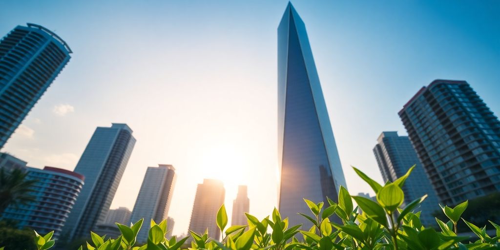 Modern skyscraper with plants, bathed in dawn sunlight.