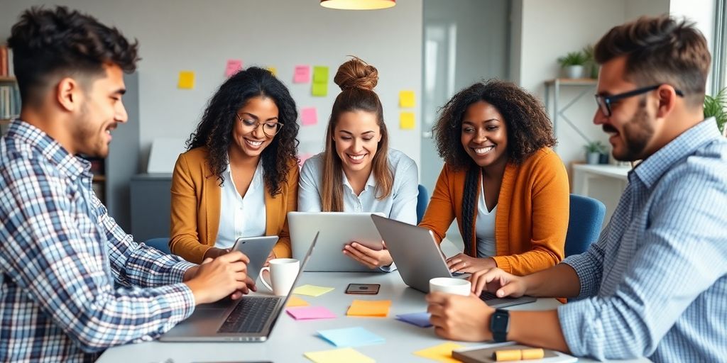 Teamarbeit mit Laptops und Notizen in einem kreativen Raum.