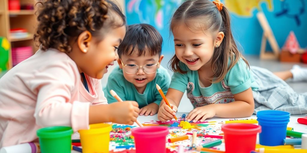 Children joyfully interacting with colorful art supplies.