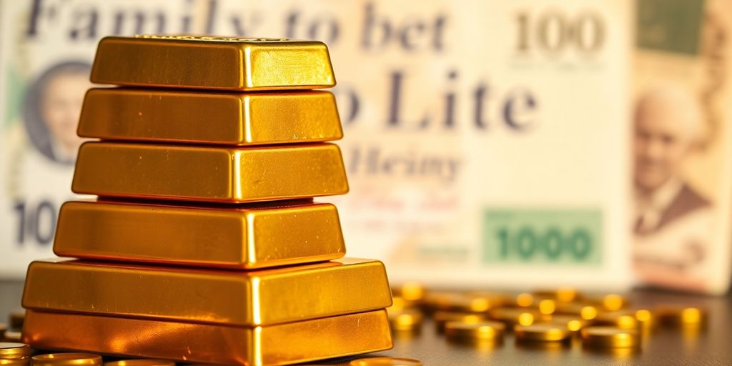 Barres d'or avec billets de banque en arrière-plan.